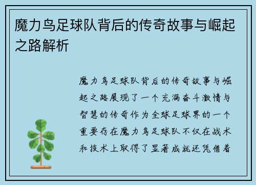 魔力鸟足球队背后的传奇故事与崛起之路解析