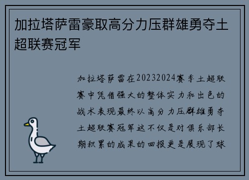 加拉塔萨雷豪取高分力压群雄勇夺土超联赛冠军
