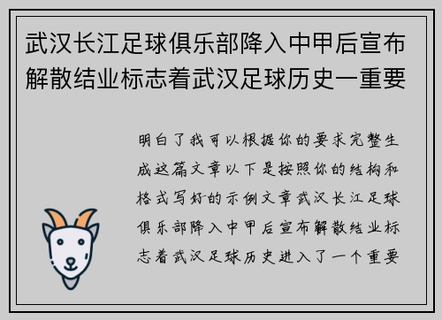武汉长江足球俱乐部降入中甲后宣布解散结业标志着武汉足球历史一重要转折